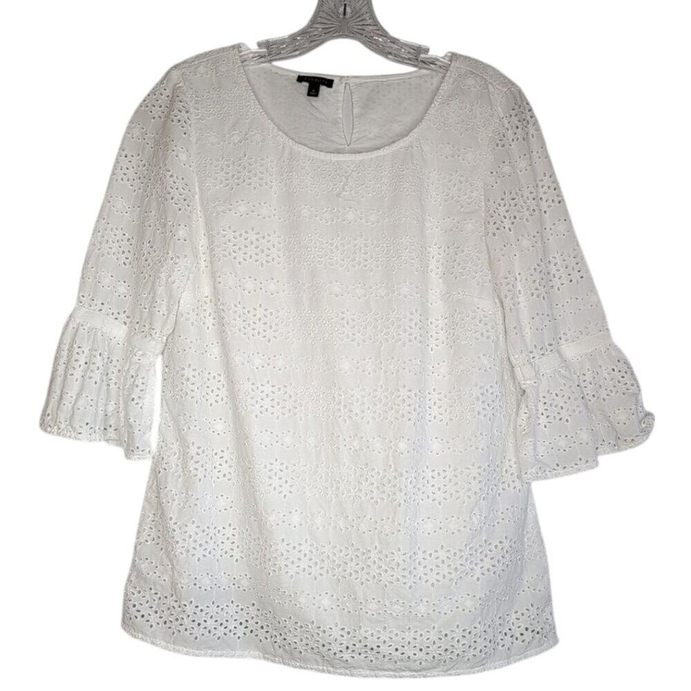 Talbots white cotton eyelet top keyhole back and side zip closure, size S